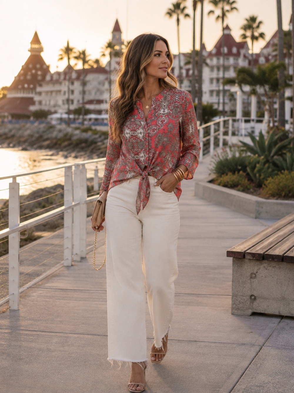 Chico’s Coral Pattered Split Neck Tie Front Top